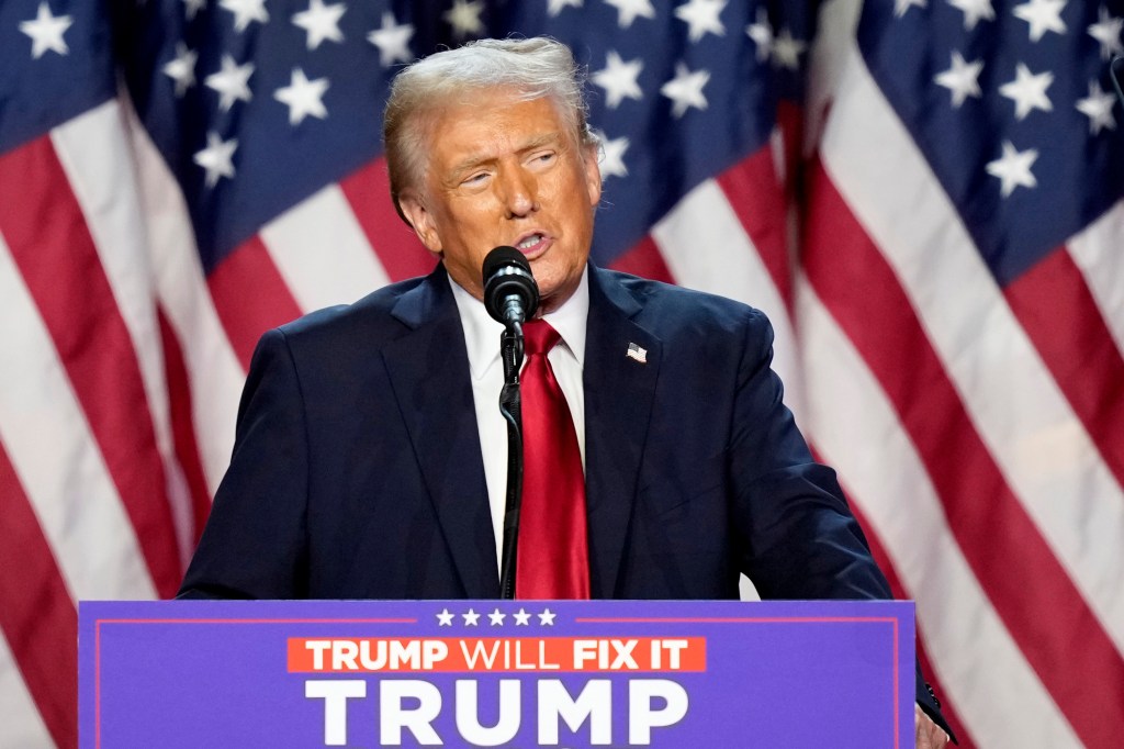 Former President Donald Trump delivers a speech at the 2024 Election Night Watch Party in West Palm Beach, Florida